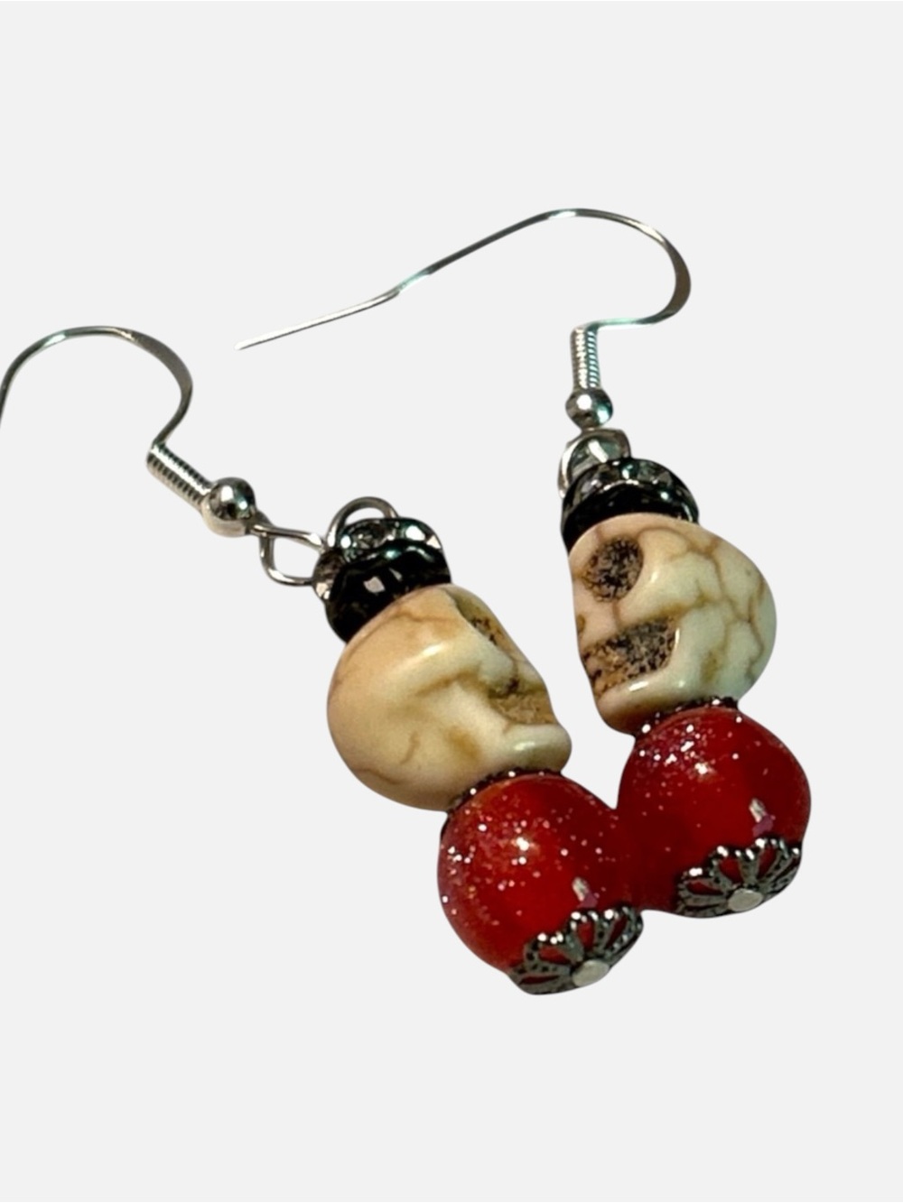 Hand Crafted Earrings Skulls White Red Rhinestones Dangle Long Pierced
